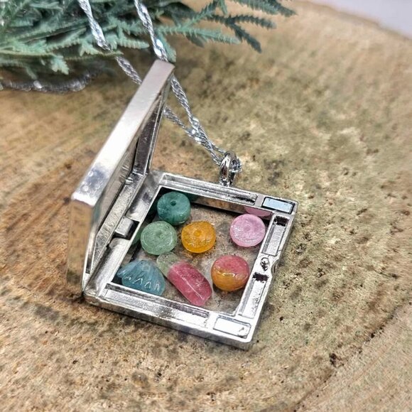 Nature Tourmaline Beads Filled Openable Floating Locket Necklace - Picture 3 of 9